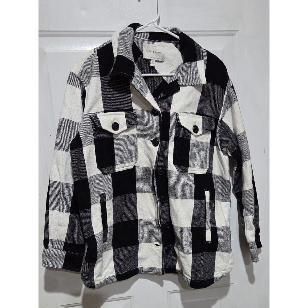 Lucky Brand Black & White Buffalo Plaid Shirt Jacket Shacket Relaxed Women S